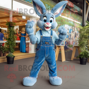 Blue Wild Rabbit mascot costume character dressed with a Skinny Jeans and Suspenders