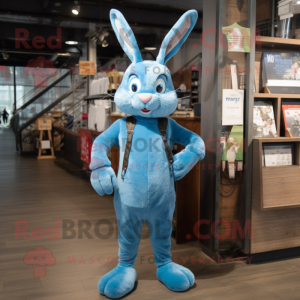 Blue Wild Rabbit mascot costume character dressed with a Skinny Jeans and Suspenders