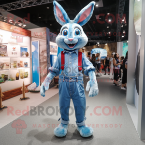 Blue Wild Rabbit mascot costume character dressed with a Skinny Jeans and Suspenders