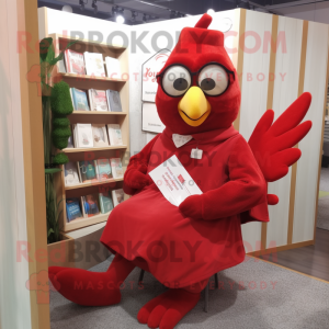 Red Dove mascot costume character dressed with a Cardigan and Reading glasses