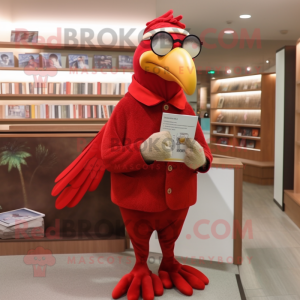 Red Dove mascot costume character dressed with a Cardigan and Reading glasses