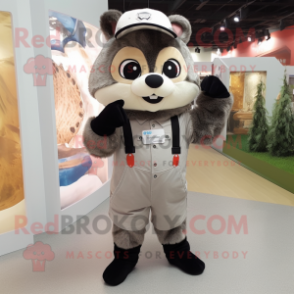 Beige Raccoon mascot costume character dressed with a Overalls and Beanies