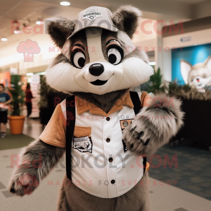 Beige Raccoon mascot costume character dressed with a Overalls and Beanies Beige Raccoon mascot costume character dressed with a Overalls and Beanies