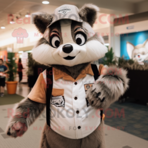 Beige Raccoon mascot costume character dressed with a Overalls and Beanies