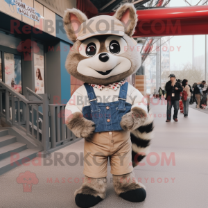 Beige Raccoon mascot costume character dressed with a Overalls and Beanies