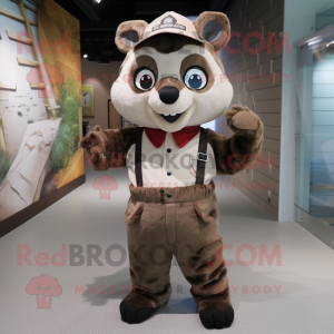 Beige Raccoon mascot costume character dressed with a Overalls and Beanies