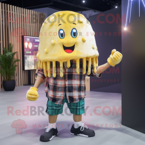 Gold Jellyfish mascot costume character dressed with a Flannel Shirt and Hairpins