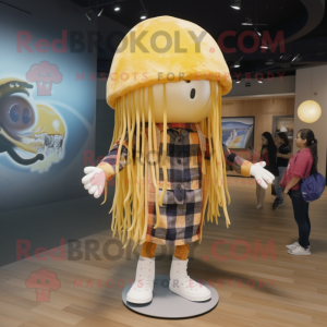 Gold Jellyfish mascot costume character dressed with a Flannel Shirt and Hairpins