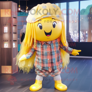 Gold Jellyfish mascot costume character dressed with a Flannel Shirt and Hairpins