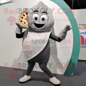 Gray Pizza Slice mascot costume character dressed with a Yoga Pants and Mittens