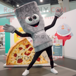 Gray Pizza Slice mascot costume character dressed with a Yoga Pants and Mittens