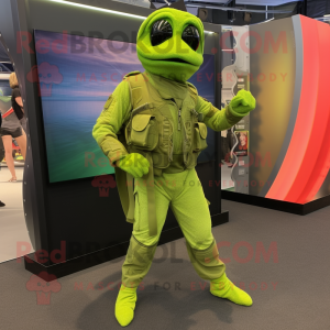 Lime Green Marine Recon mascot costume character dressed with a Leggings and Bracelets