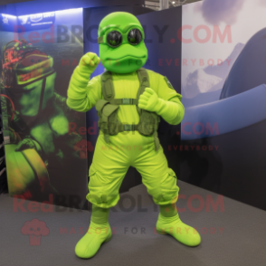 Lime Green Marine Recon mascot costume character dressed with a Leggings and Bracelets