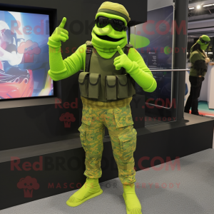 Lime Green Marine Recon mascot costume character dressed with a Leggings and Bracelets