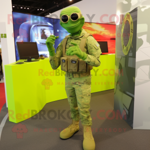 Lime Green Marine Recon mascot costume character dressed with a Leggings and Bracelets