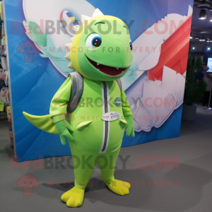Lime Green Swordfish mascot costume character dressed with a Jumpsuit and Coin purses