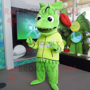 Lime Green Swordfish mascot costume character dressed with a Jumpsuit and Coin purses