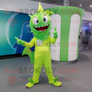 Lime Green Swordfish mascot costume character dressed with a Jumpsuit and Coin purses