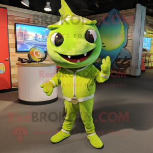 Lime Green Swordfish mascot costume character dressed with a Jumpsuit and Coin purses