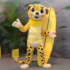 Lemon Yellow Cheetah mascot costume character dressed with a Board Shorts and Hair clips