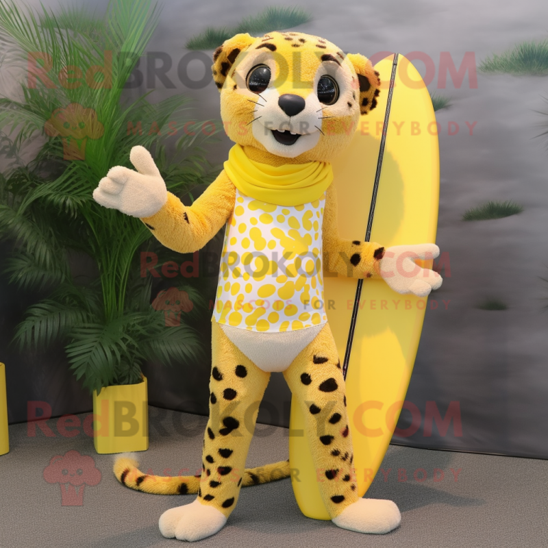 Lemon Yellow Cheetah mascot costume character dressed with a Board Shorts and Hair clips