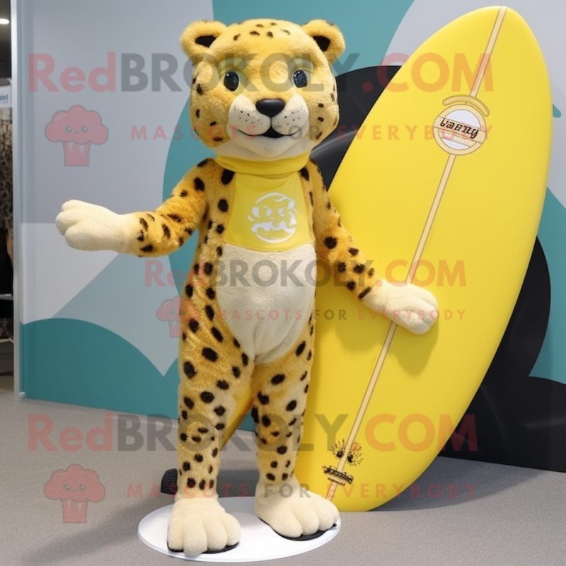 Lemon Yellow Cheetah mascot costume character dressed with a Board Shorts and Hair clips