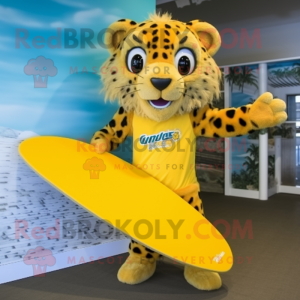 Lemon Yellow Cheetah mascot costume character dressed with a Board Shorts and Hair clips