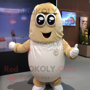 Beige Shakshuka mascot costume character dressed with a Polo Tee and Mittens