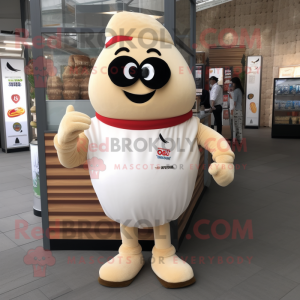 Beige Shakshuka mascot costume character dressed with a Polo Tee and Mittens