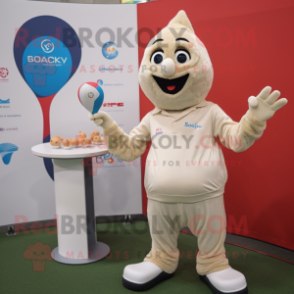 Beige Shakshuka mascot costume character dressed with a Polo Tee and Mittens