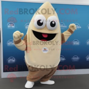 Beige Shakshuka mascot costume character dressed with a Polo Tee and Mittens