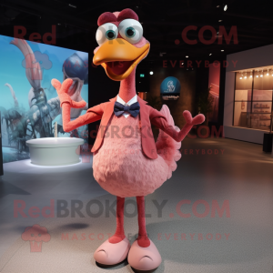 Rust Flamingo mascot costume character dressed with a Dress and Bow ties