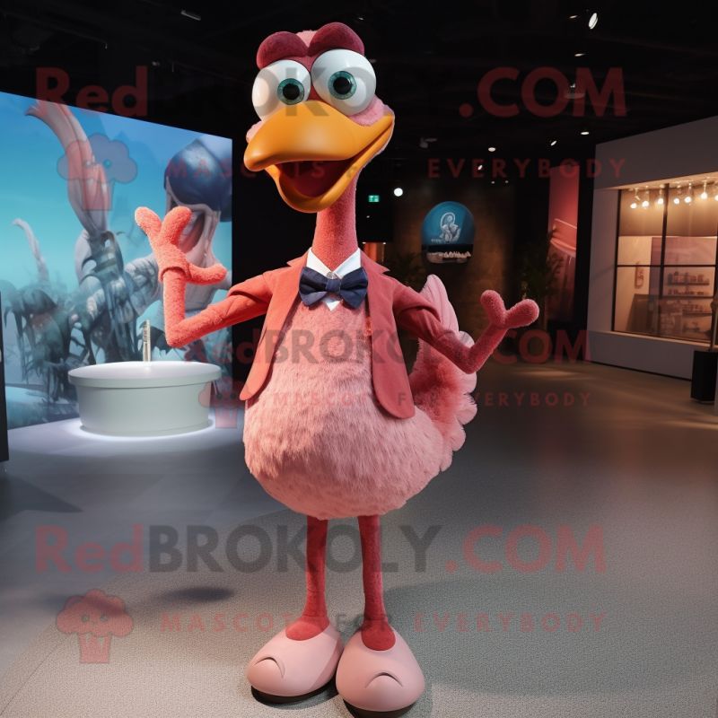 Rust Flamingo mascot costume character dressed with a Dress and Bow ties Rust Flamingo mascot costume character dressed with a Dress and Bow ties
