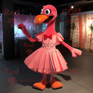 Rust Flamingo mascot costume character dressed with a Dress and Bow ties