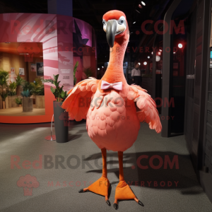 Rust Flamingo mascot costume character dressed with a Dress and Bow ties