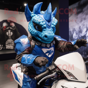 Blue Triceratops mascot costume character dressed with a Moto Jacket and Wraps