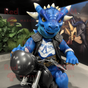 Blue Triceratops mascot costume character dressed with a Moto Jacket and Wraps