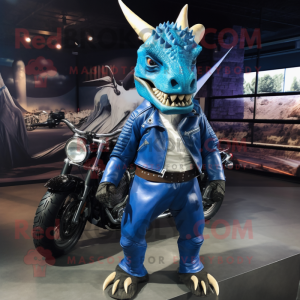 Blue Triceratops mascot costume character dressed with a Moto Jacket and Wraps