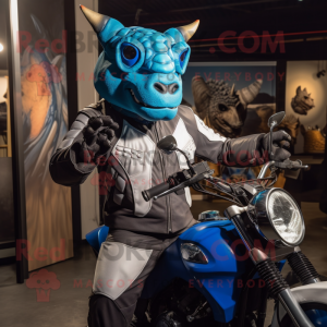 Blue Triceratops mascot costume character dressed with a Moto Jacket and Wraps