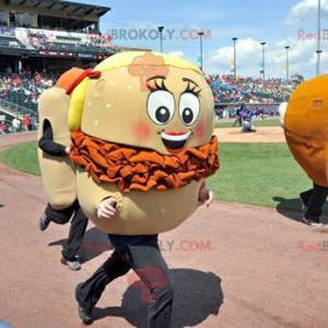 Mascota de hamburguesa gigante de color beige y naranja -