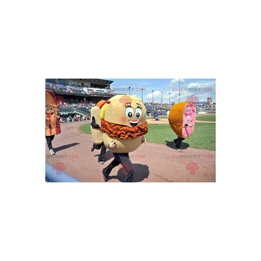 Gigantyczna beżowo-pomarańczowa maskotka hamburger -