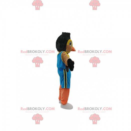 Mascot colorful sparrow in sportswear. Sparrow costume -