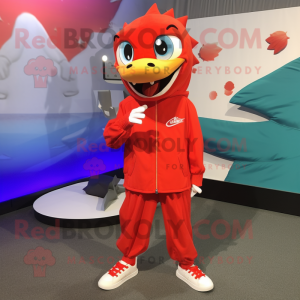 Red Barracuda mascot costume character dressed with a Windbreaker and Shoe clips