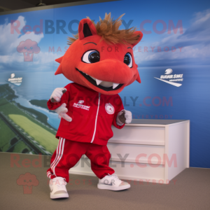 Red Barracuda mascot costume character dressed with a Windbreaker and Shoe clips