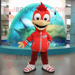 Red Barracuda mascot costume character dressed with a Windbreaker and Shoe clips