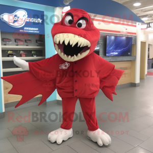 Red Barracuda mascot costume character dressed with a Windbreaker and Shoe clips