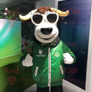 Forest Green Jersey Cow mascot costume character dressed with a Windbreaker and Sunglasses