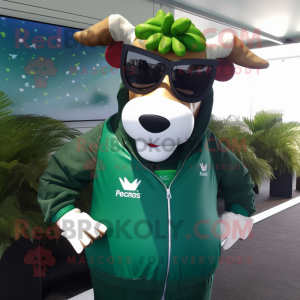 Forest Green Jersey Cow mascot costume character dressed with a Windbreaker and Sunglasses