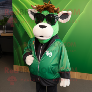 Forest Green Jersey Cow mascot costume character dressed with a Windbreaker and Sunglasses