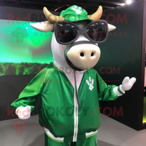 Forest Green Jersey Cow mascot costume character dressed with a Windbreaker and Sunglasses
